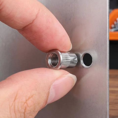 Close-up of hand installing M6 knurled stainless steel rivet nut from 50 Pack M6 Knurled Stainless Steel Blind Rivet Nuts Set on metal sheet.