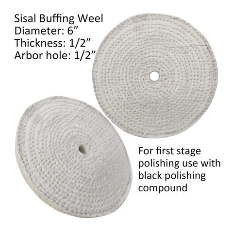 Sisal buffing wheel 6 inch diameter, 1/2 inch thickness, 1/2 inch arbor for metal polishing in Badass 6 Piece 6 Inch Stainless Steel Buffing Wheel Kit.