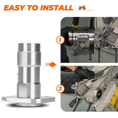 Rock Solid Rear Axle Bearing Carrier For Yamaha Raptor 660 YFM660R showing easy installation steps with a heavy-duty aluminum body.