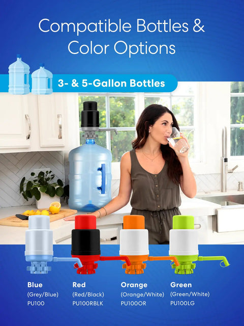 Woman using Universal Water Bottle Pump For 1 To 5 Gallon Jugs Manual Dispenser with color options in kitchen