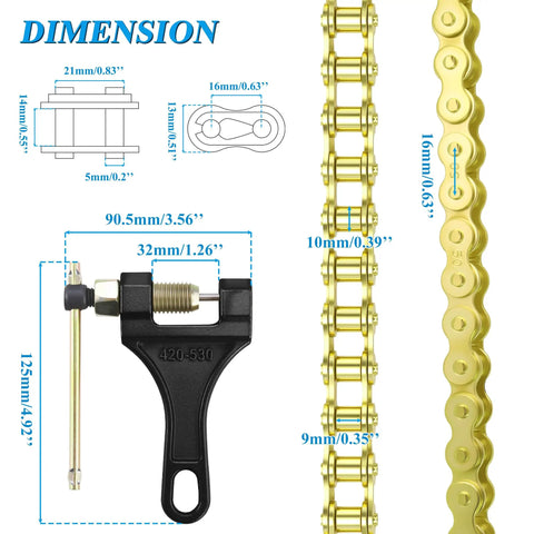 Dimensions of Gold 530 Chain Kit With 120 Links, Universal Fit For 50cc-212cc Motors, showing chain and breaker tool
