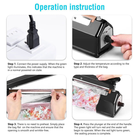 Operation instructions for Reliable 8 Inch Bag Sealer With Impulse Heat Function For Plastic Packaging and Kitchen Storage.