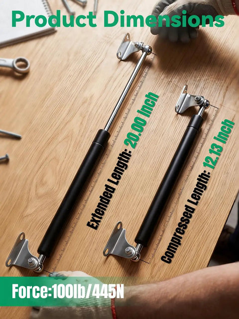 Professional Grade Tough As Nails Gas Lift Struts With Secure Mounting Hardware For Storage Lids Smooth Opening Assist 20 Inch 100 Pound Force Rating Two Pack dimensions displayed on wooden surface with measurements.