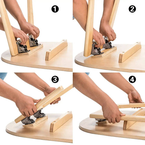 Installing 4 Pack Beefy Heavy Duty Locking Hinge Brackets For Folding Tables on a wooden leg assembly, showcasing the 90 Degree Self Locking Hinges.