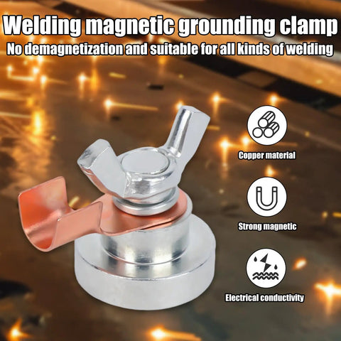 Close-up of a Two Pack Welding Magnetic Grounding Clamp, showing copper material and strong magnetic pull.