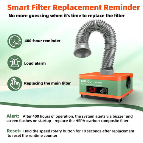 Powerful Desktop Solder Fume Extractor with 2 in 1 HEPA and Activated Carbon Filter, smart filter reminder displayed on screen