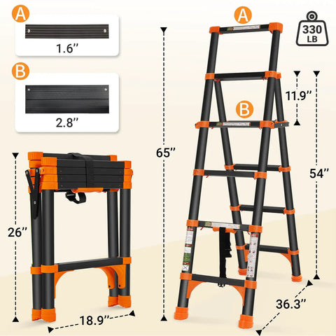 Aluminum Telescoping A-Frame Ladder With One-Button Retraction, Portable Adjustable Extension Ladder For Home Or RV, 330 Lb Capacity, Lightweight Folding, dimensions visible.