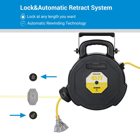 45Ft Retractable Extension Cord Reel With Auto Retract And Lighted Triple Outlets, wall or ceiling mountable.