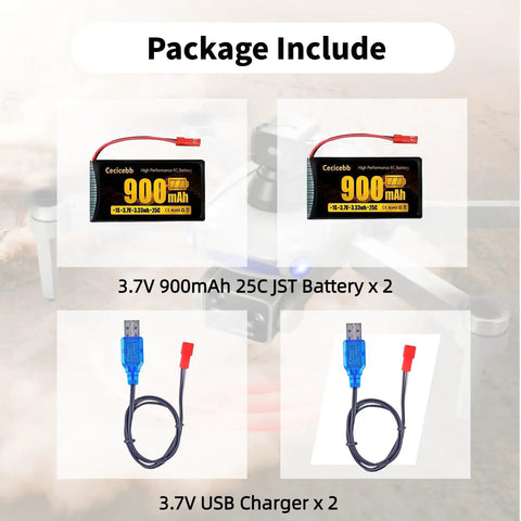 3.7V 900mAh LiPo Battery With JST Plug For MJX Syma Holy Stone Sky Viper RC Drones Including X56W X400 X400W X300C X400C X800 HS110 HS200 S670 Twin Pack Rechargeable Drone Batteries, shown with chargers
