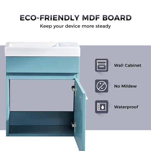 Compact 16 Inch Floating Bathroom Vanity With White Ceramic Vessel Sink Blue MDF Storage Cabinet Modern Minimalist Design Easy Clean Surface Humidity Resistant Wall Mounted Vanity And Sink Combo Space Saver No Fuss Setup