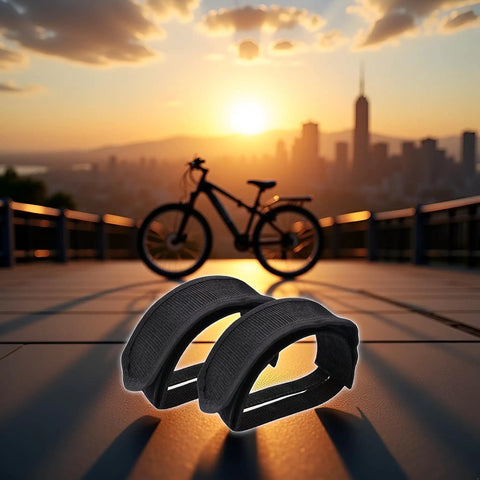 Two Pack Black Pedal Straps For Kids Bikes And Fixed Gear Pedals Toe Clip Style Cycling Straps Adjustable Nylon Webbing With Reinforced Stitching For Durable Foot Grip And Secure Footing On Most Bicycle Pedals against a sunset cityscape.