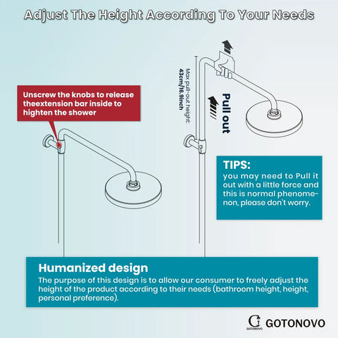 Diagram showing adjustable height feature of brass wall mount shower faucet set with 8 inch rain shower head and instructions