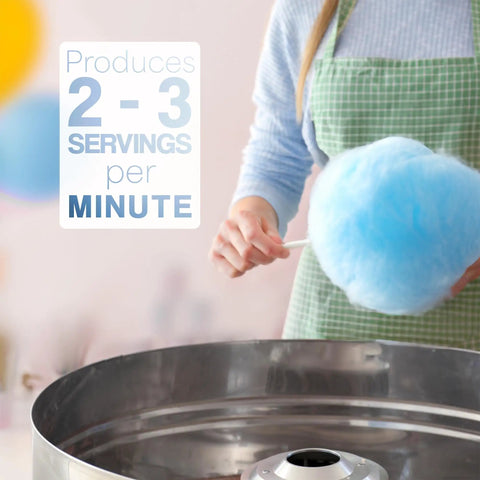 Blue Electric Cotton Candy Maker Machine With 1030W Motor rapidly spins sugar floss in a stainless steel bowl for quick servings.