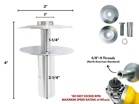 Pro Level Airway Buffing Wheel Extension Adapter For Angle Grinders And Rotary Buffers With 5 8 11 American Threads showing measurements and components.