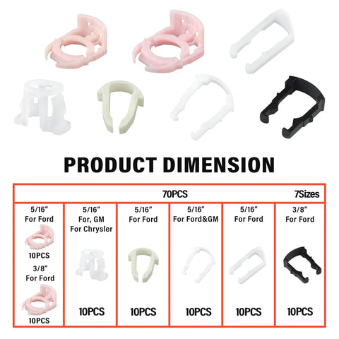70 Piece Nylon Fuel Line Clips Kit With 7 Sizes Replacement 3 8 Inch And 5 16 Inch Fuel Line Clamps Durable Hose Retainers display showing various clip sizes for cars and trucks.