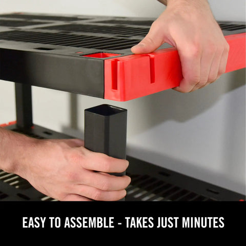 Assembly process of Heavy Duty Four Tier Plastic Storage Shelves for Garage, showcasing easy setup with sturdy components.