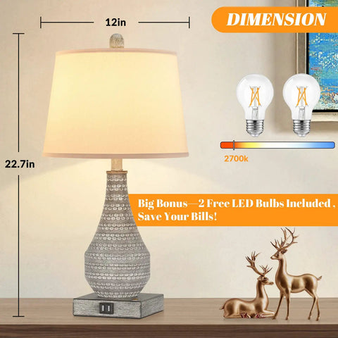 Two Rustic Vase Table Lamps For Bedroom And Living Room, Touch Activated Bedside Lamps With USB Ports, features dimensions and bulbs.