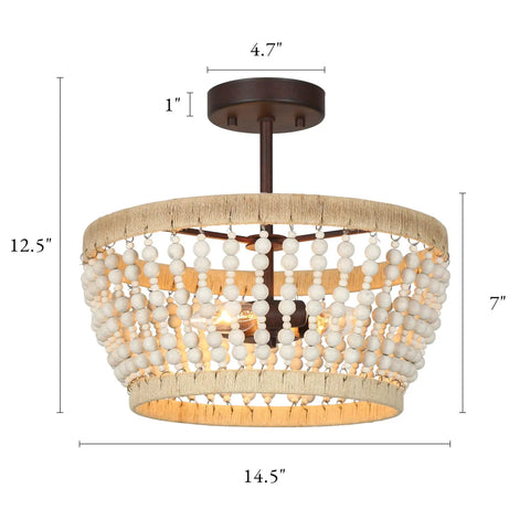 Wood Beaded Semi Flush Mount Ceiling Light 3 Light Farmhouse Boho Style Cozy Chandelier with dimensions shown