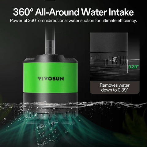 VIVOSUN 660 GPH submersible water pump, green and black, partially submerged in water