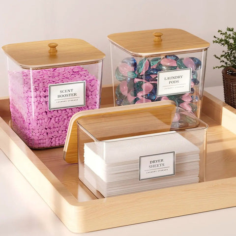 Clear Acrylic Laundry Pods Storage Container Set With Wooden Lids And Scoops, Includes Dryer Sheet Holder And Waterproof Labels, Perfect For Detergent And Scent Boosters, Keeps Your Laundry Room Fresh And No Sweat.