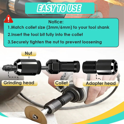 Diagram showing 2 Pack Angle Grinder To Die Grinder Adapters With 5/8 Inch-11 Threads, collets, nut, and grinding head being used.