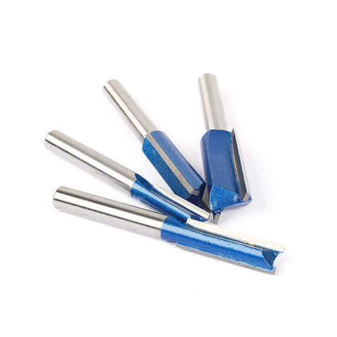 Close-up of Plus Double Flute Straight Router Bit Set With 1/4 Inch Shank Includes 1/4, 5/16, 3/8, 1/2 Diameter Bits in blue