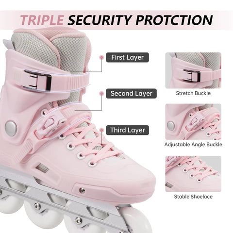 Close-up of pink inline skates showing triple security protection layers with buckles and shoelace detail for comfort and safety.