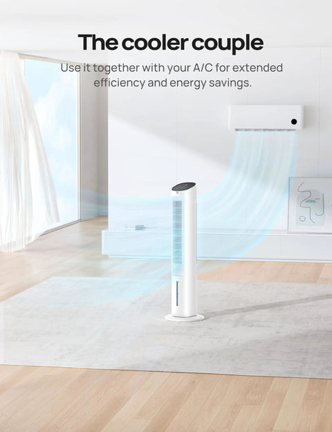 Evaporative Swamp Cooler Tower Fan Beast Mode Cooling in a modern room with A/C, illustrating combined use.