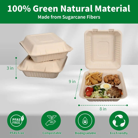 100 Pack 3-Compartment Compostable Takeout Lunch Boxes With Lids 8x9 Inch Clamshells For Food To Go Eco Friendly Bagasse PFAS Free