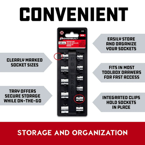 11 Piece Metric Shallow Socket Set With 1/4 Inch Drive, 6 Point Sockets, clear size markings, convenient storage tray