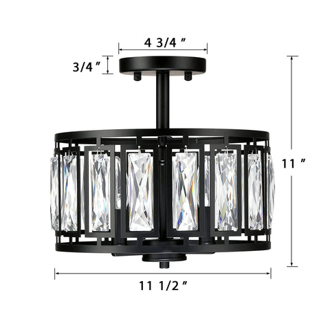 Modern Crystal Semi Flush Mount Black Ceiling Light With Three Lights For Dining Room Bedroom Kitchen Island Hallway Entryway Close To Ceiling That Delivers Sparkling Transparent Crystals And A Bold Glam Glow, 11.5x11 inches