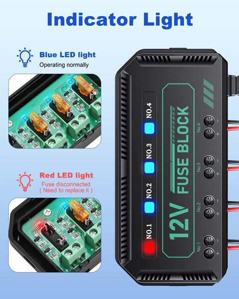 Close-up of the Drop In 12V Fuse Block With 20A Relay Junction Kit showing LED indicators for operational status in a vehicle.