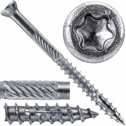 Number Nine By Two And Quarter Inch Stainless Steel Trim Head Wood Screws With Torx Star Drive showing detailed screw design.