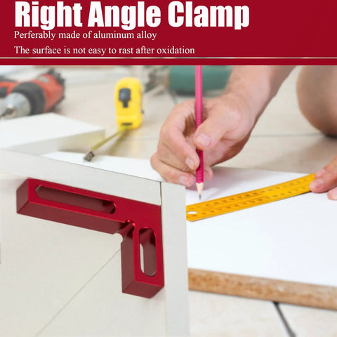 90 Degree Mini Positioning Square for Woodworking, Aluminum Alloy Carpenter Corner Tool With Anodized Finish, Lightweight, Durable Precision Edge Checker for Squareness and Tool Alignment, Ideal for DIY and Pro Projects. Red aluminum right-angle clamp on cabinet edge.