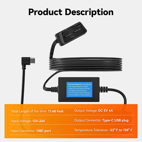 USB C Dash Cam Hardwire Kit 4A With Battery Drain Protection, 11.5 Feet Cable, Converts 12V 24V To 5V For A No Brainer Power Solution For Your USB C Dash Cam, Type C Harness For Cars, Compatible With Most Dash Cams
