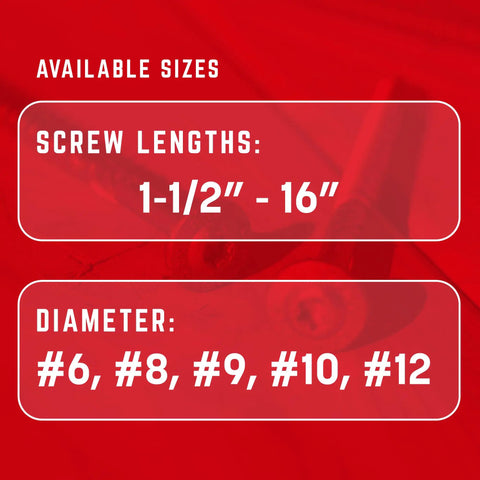 Image showing available sizes for structural screws: lengths 1-1/2" to 16", diameters #6, #8, #9, #10, #12.