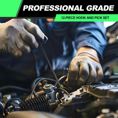 Mechanic using 12-Piece Pick And Hook Tools Set With Long And Mini Picks for auto repair in engine bay, wearing gloves