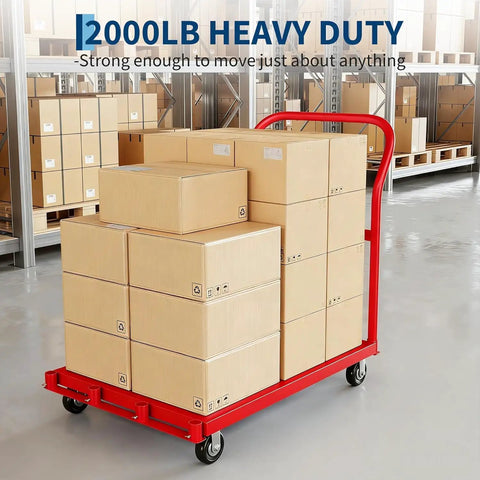 2 In 1 Heavy Duty 2000 Lb Panel Flatbed Cart 24 By 37 Platform Truck Red Built Tough With Easy Assembly Weatherproof Powder Coat And High Load Capacity For Moving Heavy Gear Indoors Or Outdoors, red cart with stacked boxes in warehouse