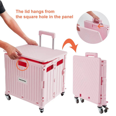 Foldable Utility Cart With Four Swivel Wheels And Lid showing lid placement, portable rolling handcart in pink