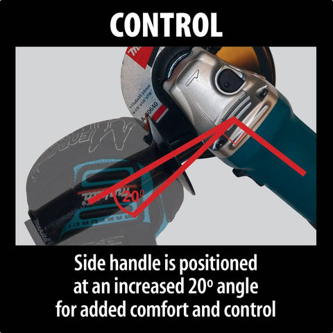 Powerful 4-1/2 Inch Angle Grinder With Kick Butt Strength And Smooth Handle Control showing 20-degree angled side handle for enhanced grip.