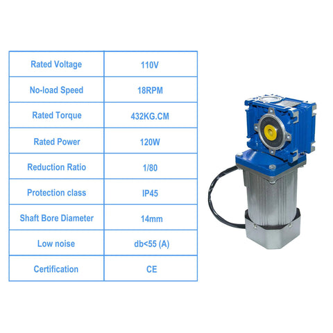 Industrial worm gear motor 120W, 110V, 18 RPM for automation