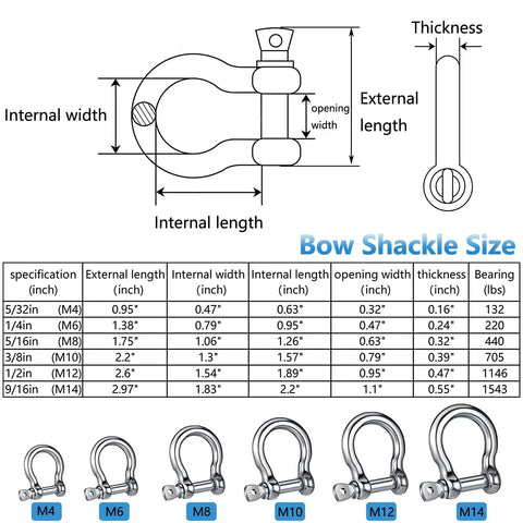 Diagram and comparison of 304 Stainless Steel Bow D Ring Shackles Heavy Duty Screw Pin Anchor Shackle Set 5/32 Inch sizes