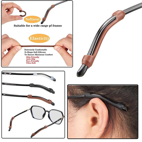 Silicone Eyeglasses Retainers 34 Pieces No Slip Comfort Ear Grip Hooks Food Grade Eyewear Stoppers shown on glasses.