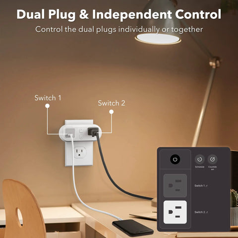 Dual Outlet Smart Plug 15A WiFi Bluetooth Extender plugged into wall with connected devices, shown with control app interface.