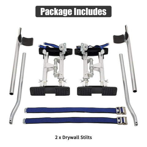 Adjustable Drywall Stilts 15 To 23 Inches Aluminum Lift components laid out with parts and straps, silver color.