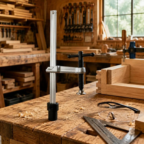 Quick Release Insertion Clamp For Workbench And T Bar Holes Heavy Duty Ratchet Table Clamp In Hardened Steel 160 By 80 Base With 16mm Insert Keeps Woodworking And Metalworking Parts Solid And Secure in woodworking bench