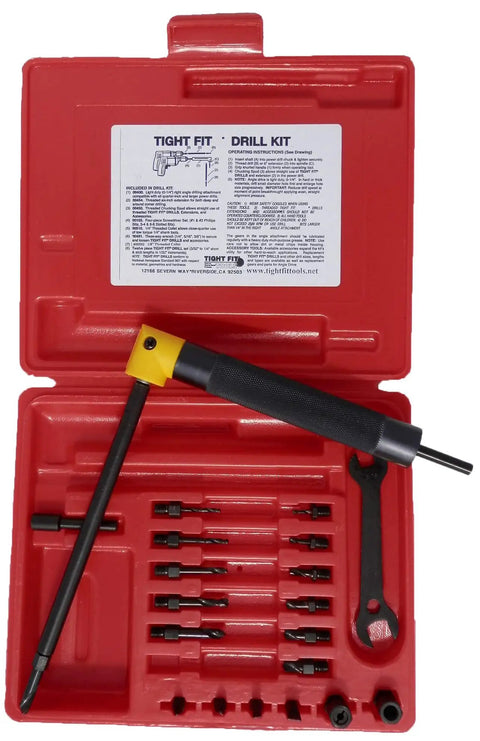 Right Angle Drill Attachment 90 Degree Adapter For Power Drill With 360 Degree Swivel in red case with multiple drill bits