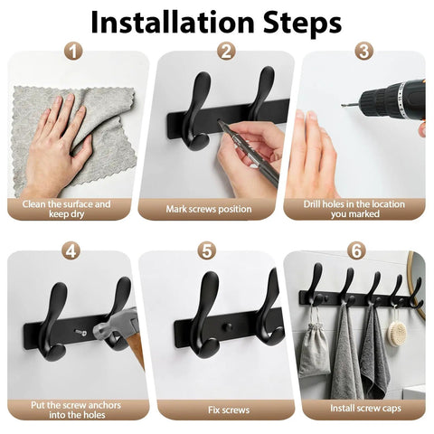 Installation steps for Badass Heavy Duty Wall Hooks Slick Black Metal Coat Hanger And Towel Rack on wall.