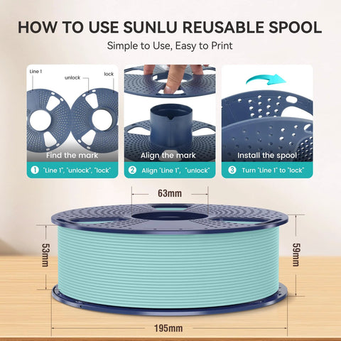 Sunlu reusable filament spool with turquoise PLA filament on blue 1kg spool, 1.75mm diameter.