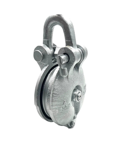 Heavy Duty Yarding Block With Shackle And Pin Three Ton WLL Four Inch Sheave Silver Painted Rig Block For Log Hauling Built Tough With Grease Zerk And Three Eighths Inch Cable, side view